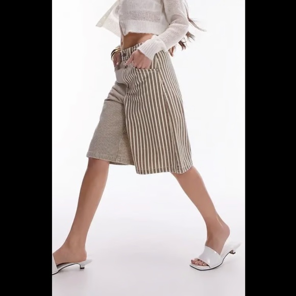 Topshop, Patchwork Stripe Long Denim Shorts in Brown - Picture 3 of 5